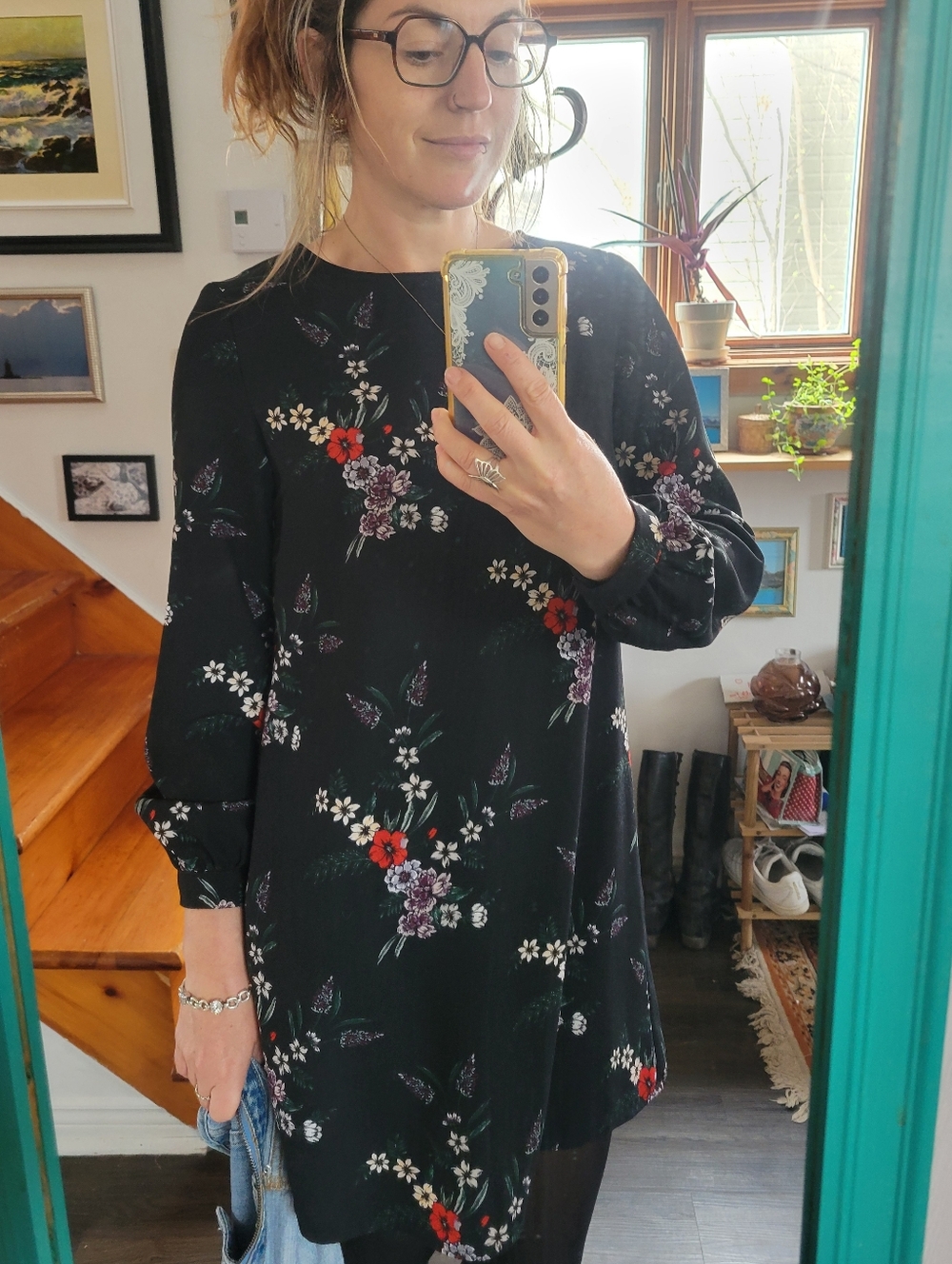 H&M Black Floral Long Sleeve Dress